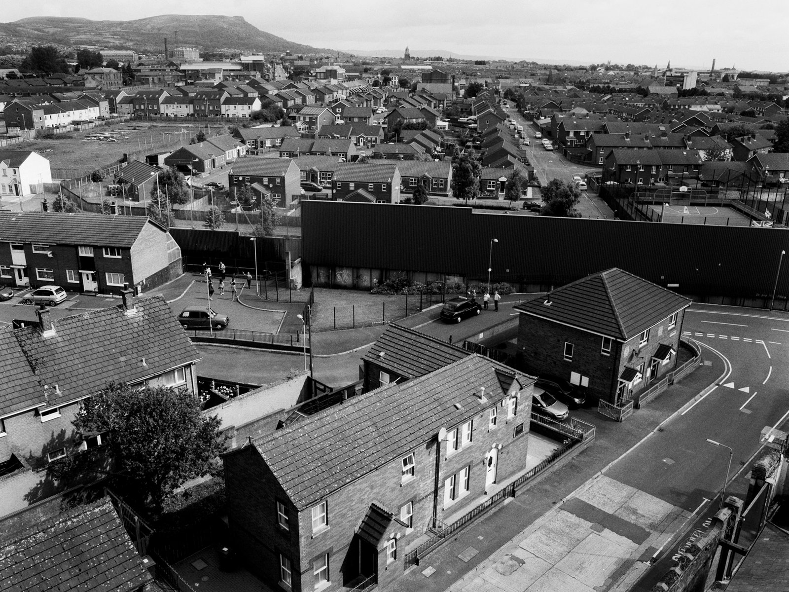 Aerial view from Clonard Monastery towards the Peace Wall and Shankill neighbourhood, Belfast.